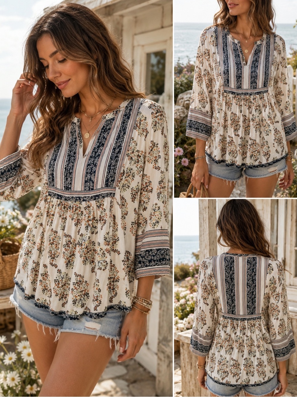 Lucky Brand Boho Floral Paisley Babydoll Blouse Tunic Top Size S/P